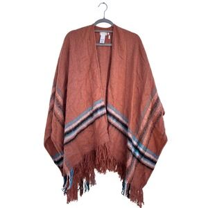 Free People‎ Blanket Poncho Shawl Wrap Copper Blue Stripes Fringe One Size
